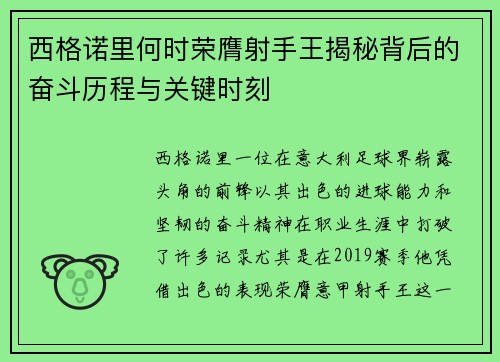 西格诺里何时荣膺射手王揭秘背后的奋斗历程与关键时刻